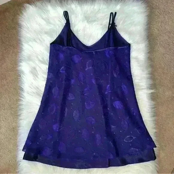Vintage Dentelle Purple Leaf Print Slip Dress Small - Picture 4 of 6